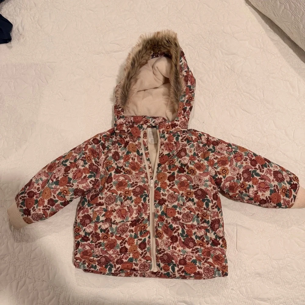 H&M Floral Hooded Puffer Jacket - Pink, Rust & Teal